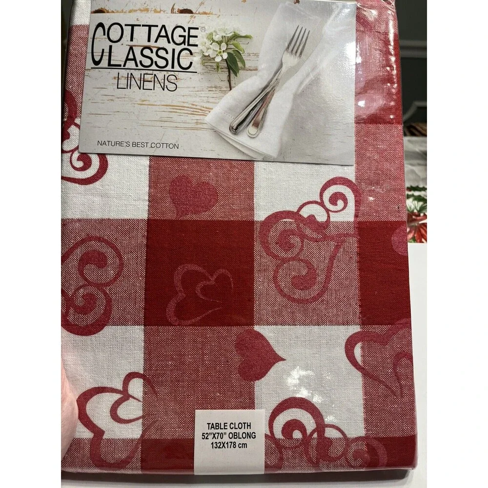 Cottage Classic Linens Red White Plaid Hearts Tablecloth 52”x70” Oblong